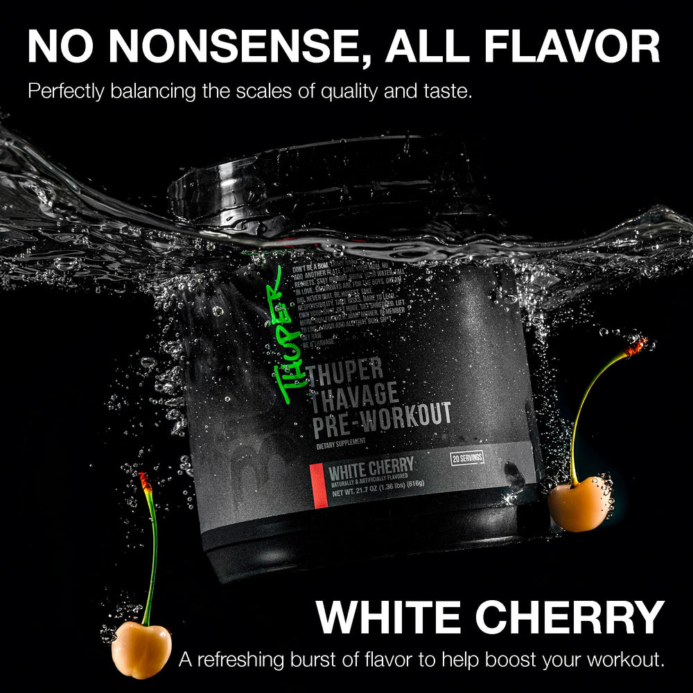 HAND holding RAW Thuper Thavage scoop for a high-energy workout boost.