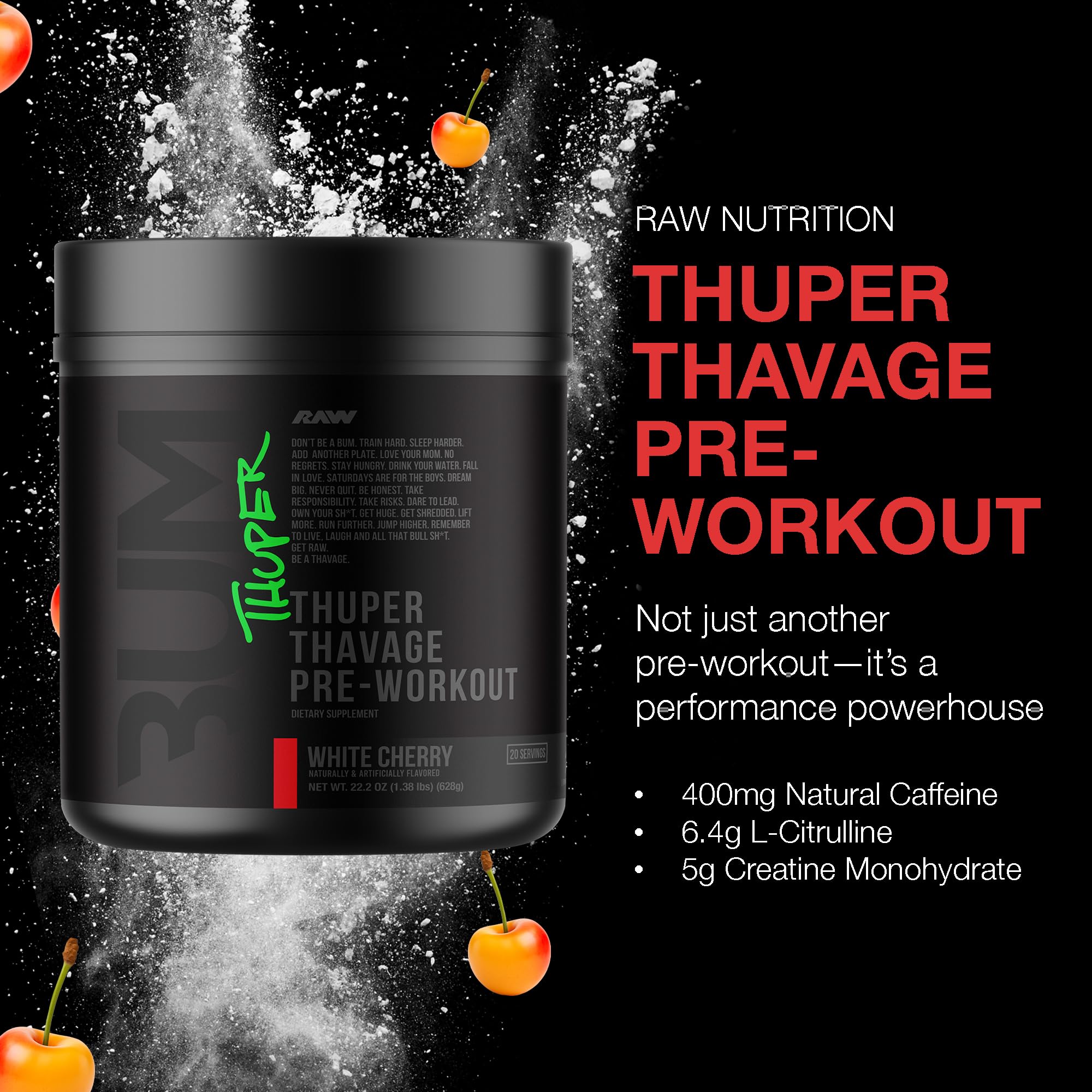 Scoop of RAW Thuper Thavage in tub, ideal for pre-workout mixing.