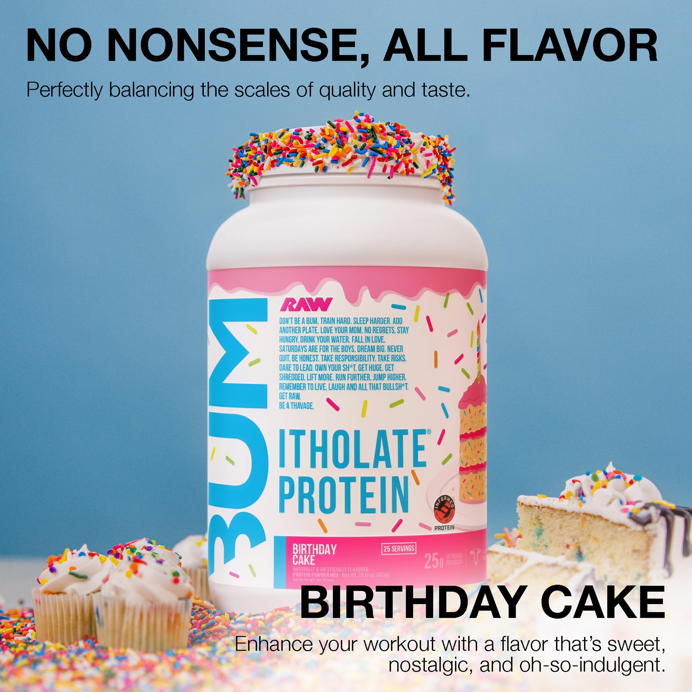 RAW Whey Isolate Birthday Cake bottle side view showcasing hormone‑free protein