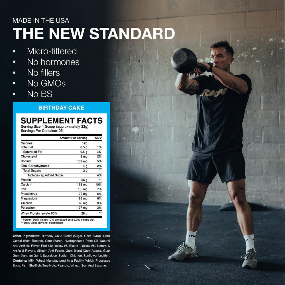 RAW Whey Isolate Birthday Cake mixed shake in glass for convenient recovery