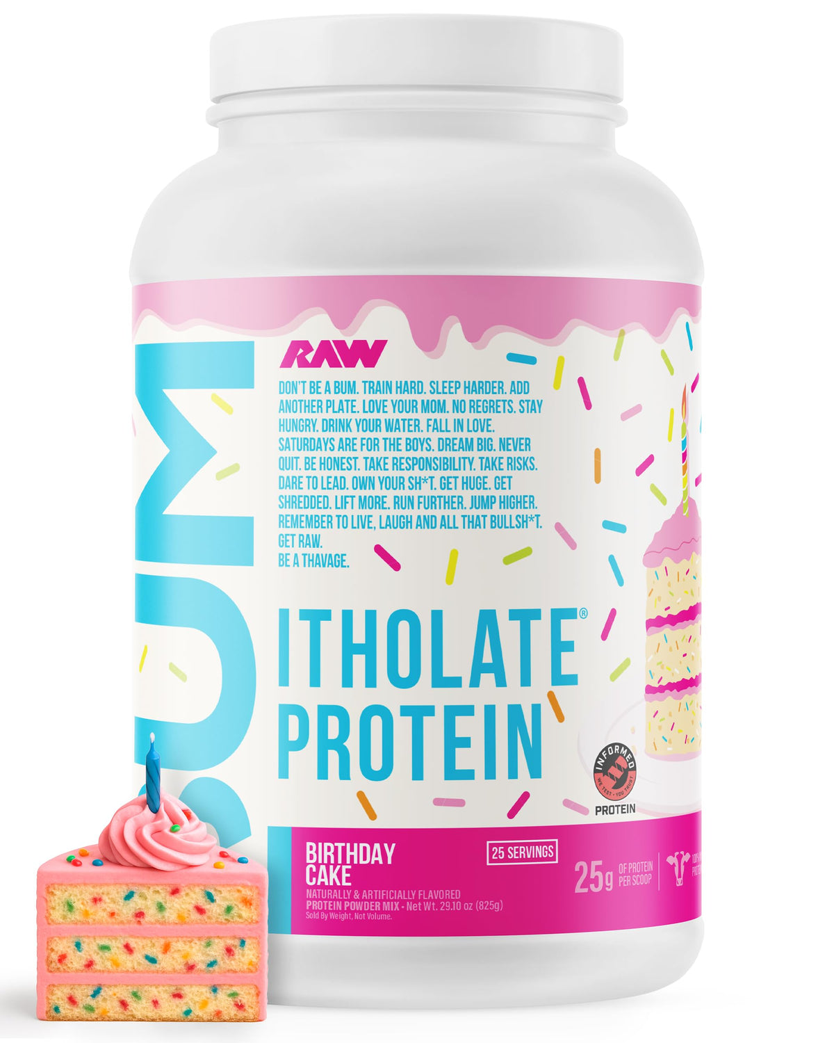RAW Whey Isolate Birthday Cake powder in jar showing premium protein formula for lean gains