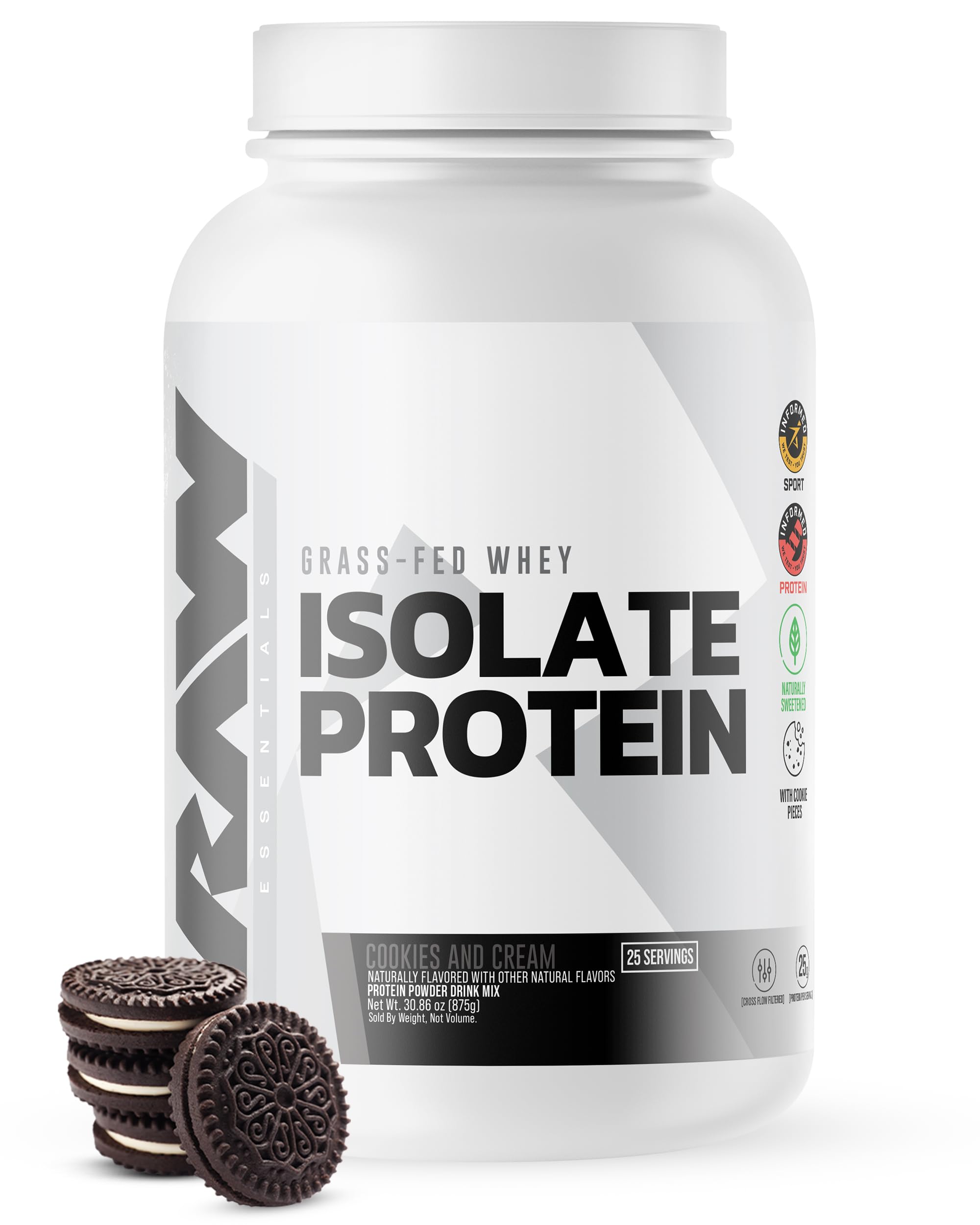RAW Whey Isolate Cookies N Cream bottle pour shows premium protein for post-workout recovery.