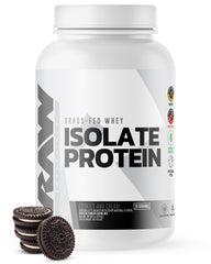 RAW Whey Isolate Cookies N Cream bottle pour shows premium protein for post-workout recovery.