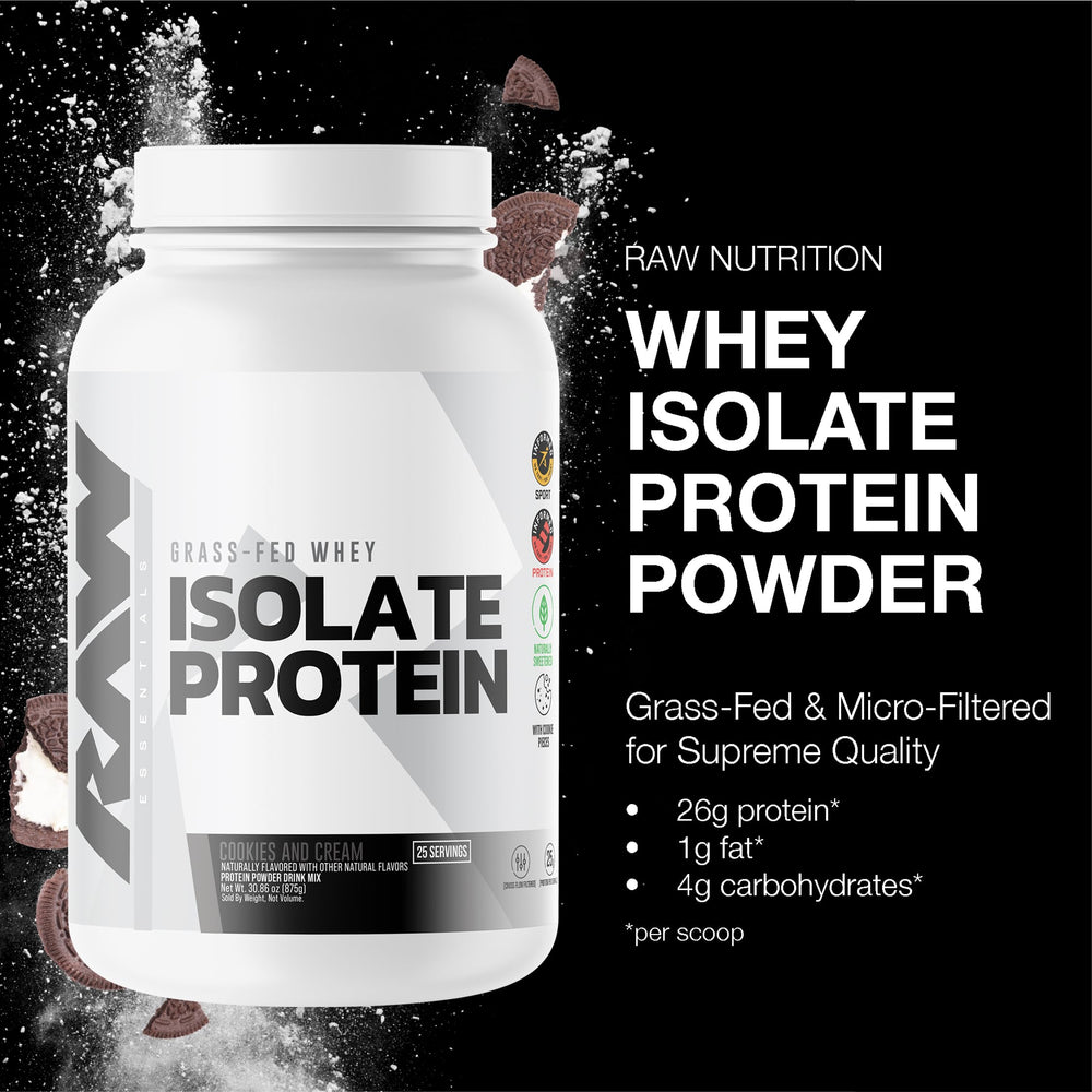 RAW Whey Isolate Cookies N Cream scoop illustrates convenient daily protein intake.