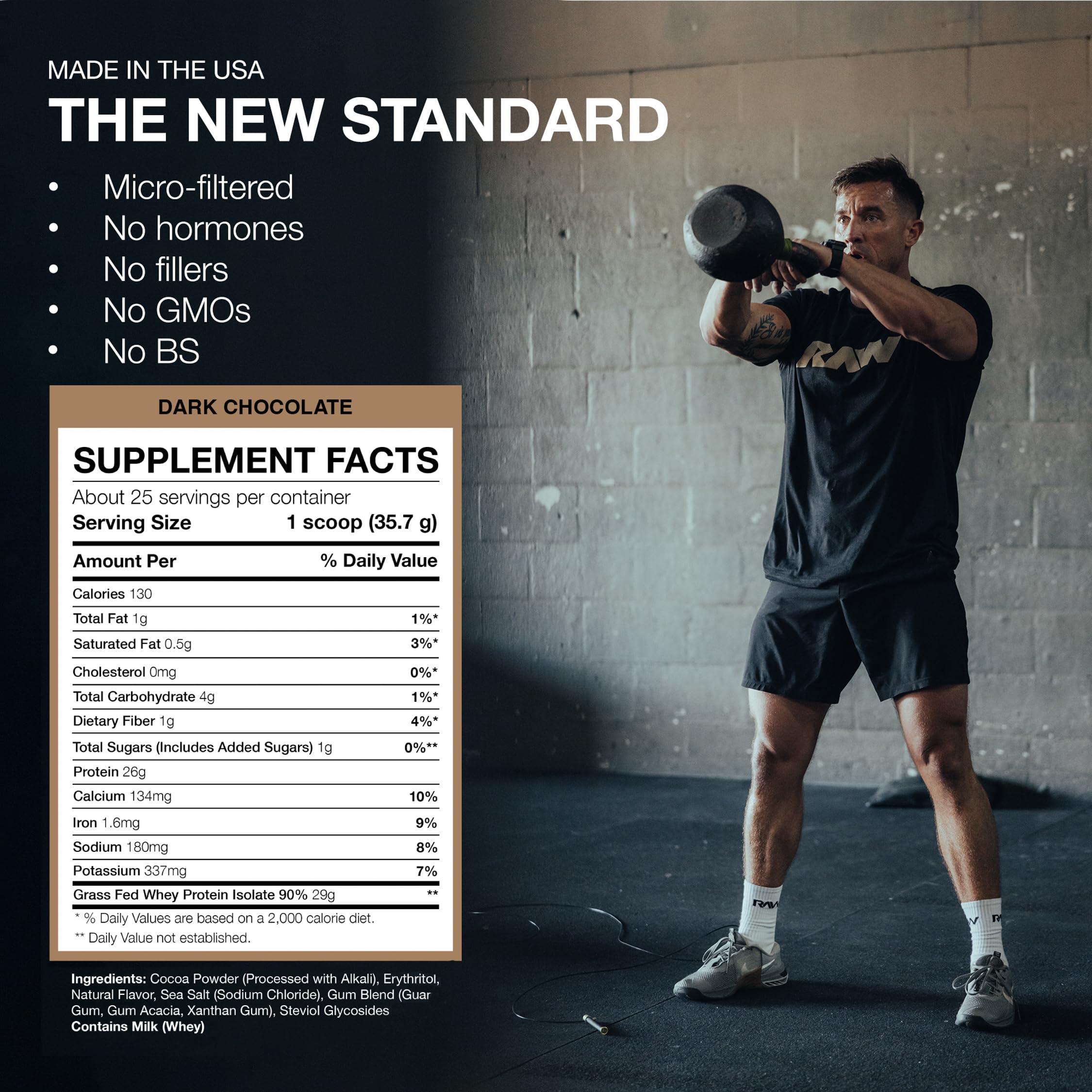 RAW Whey Isolate Dark Chocolate ingredients list highlights purity and no fillers