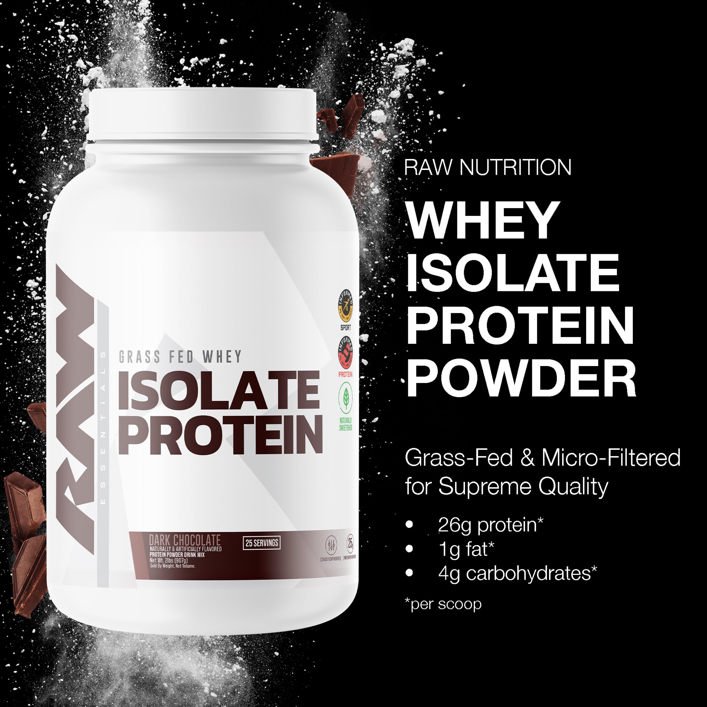 RAW Whey Isolate Dark Chocolate label closeup highlights low fat and carb benefits