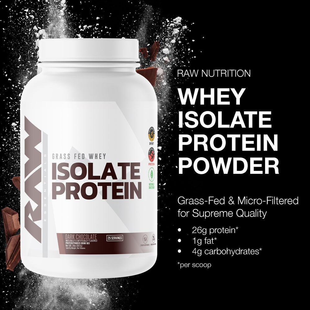 RAW Whey Isolate Dark Chocolate label closeup highlights low fat and carb benefits
