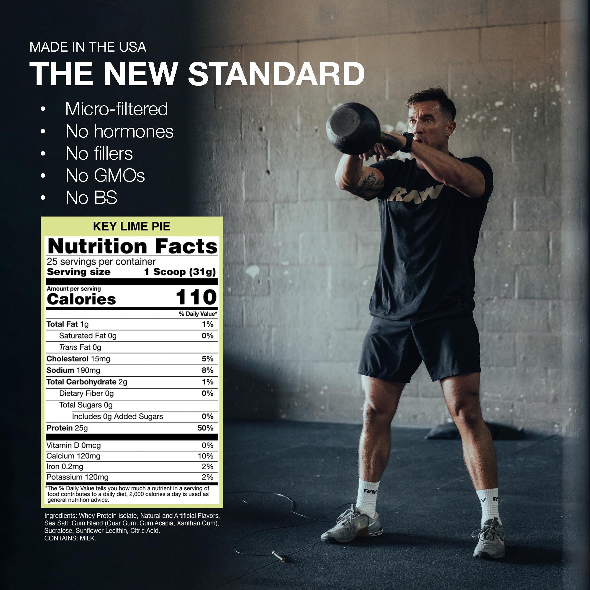 RAW Whey Isolate Key Lime nutrition facts image emphasizing 25g protein per serving