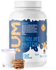RAW Whey Isolate Milk & Cookie bottle shows premium protein for post-workout recovery.