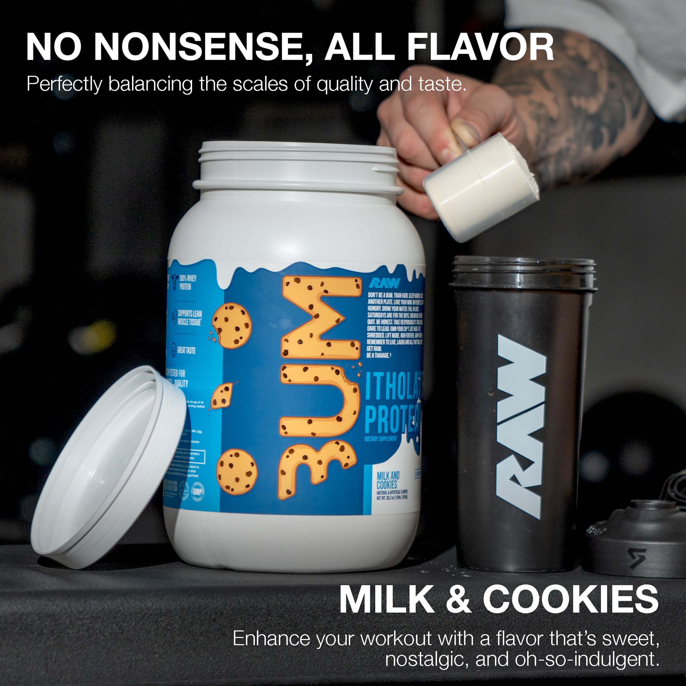 RAW Whey Isolate Milk & Cookie pour demonstrates smooth mixability for shake consistency.