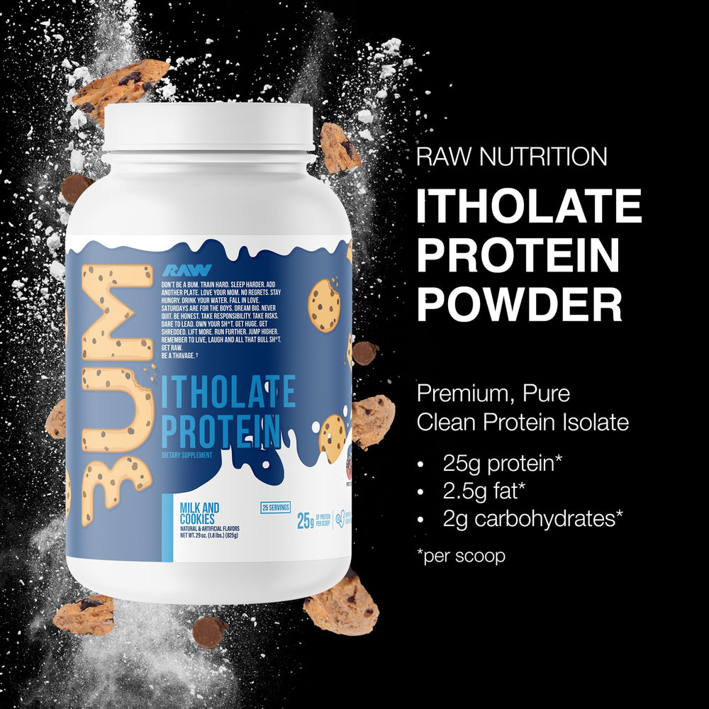 RAW Whey Isolate Milk & Cookie scoop highlights convenient serving to reach daily protein goals.