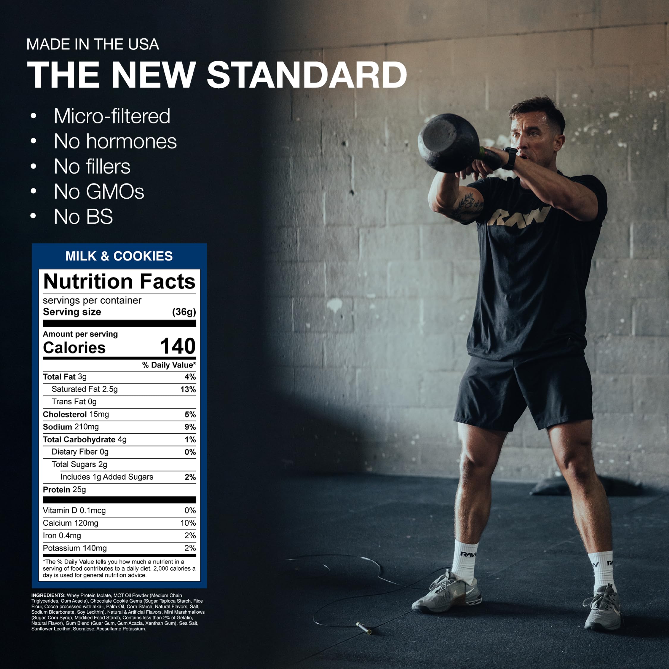 RAW Whey Isolate Milk & Cookie shake glass reveals creamy texture after training.