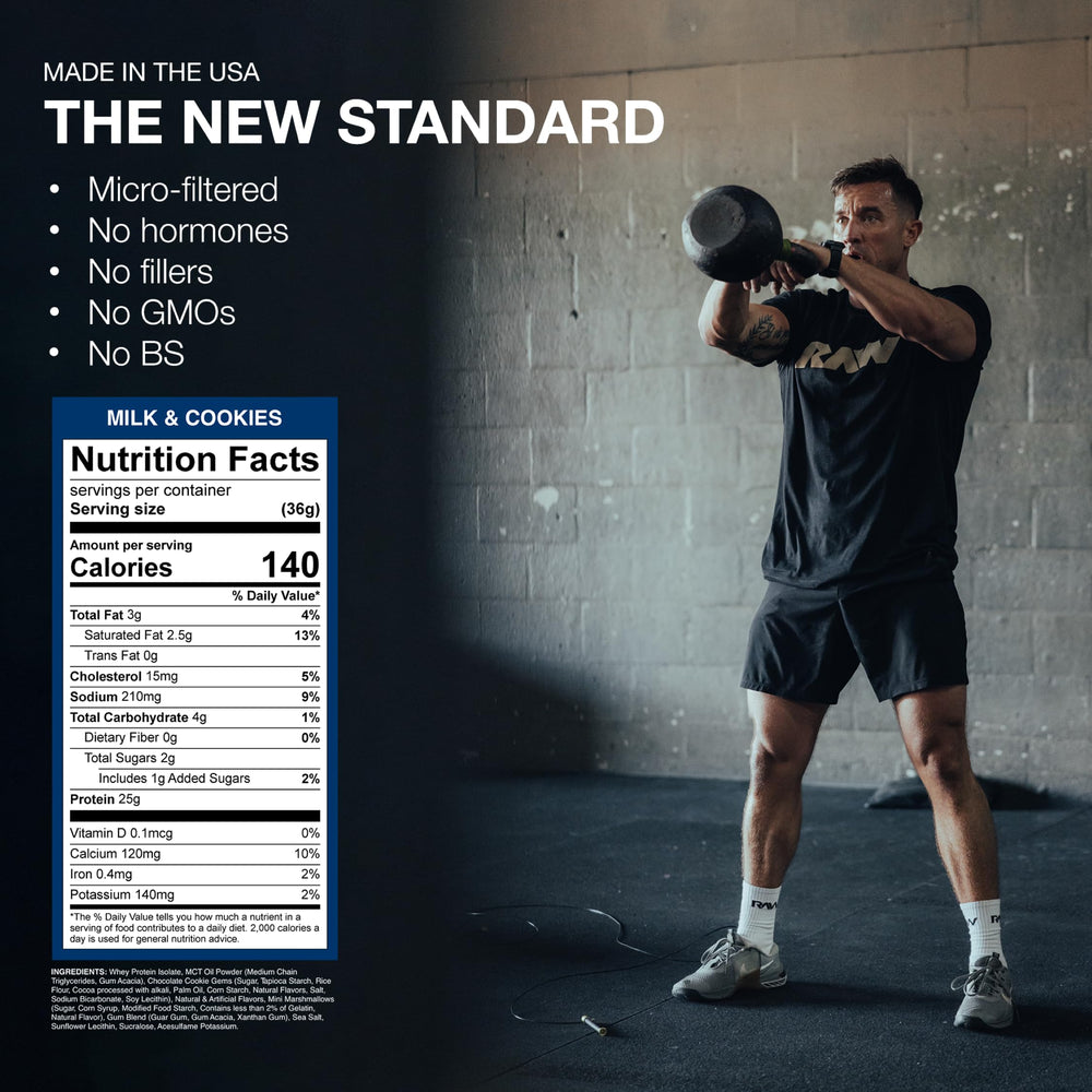 RAW Whey Isolate Milk & Cookie shake glass reveals creamy texture after training.