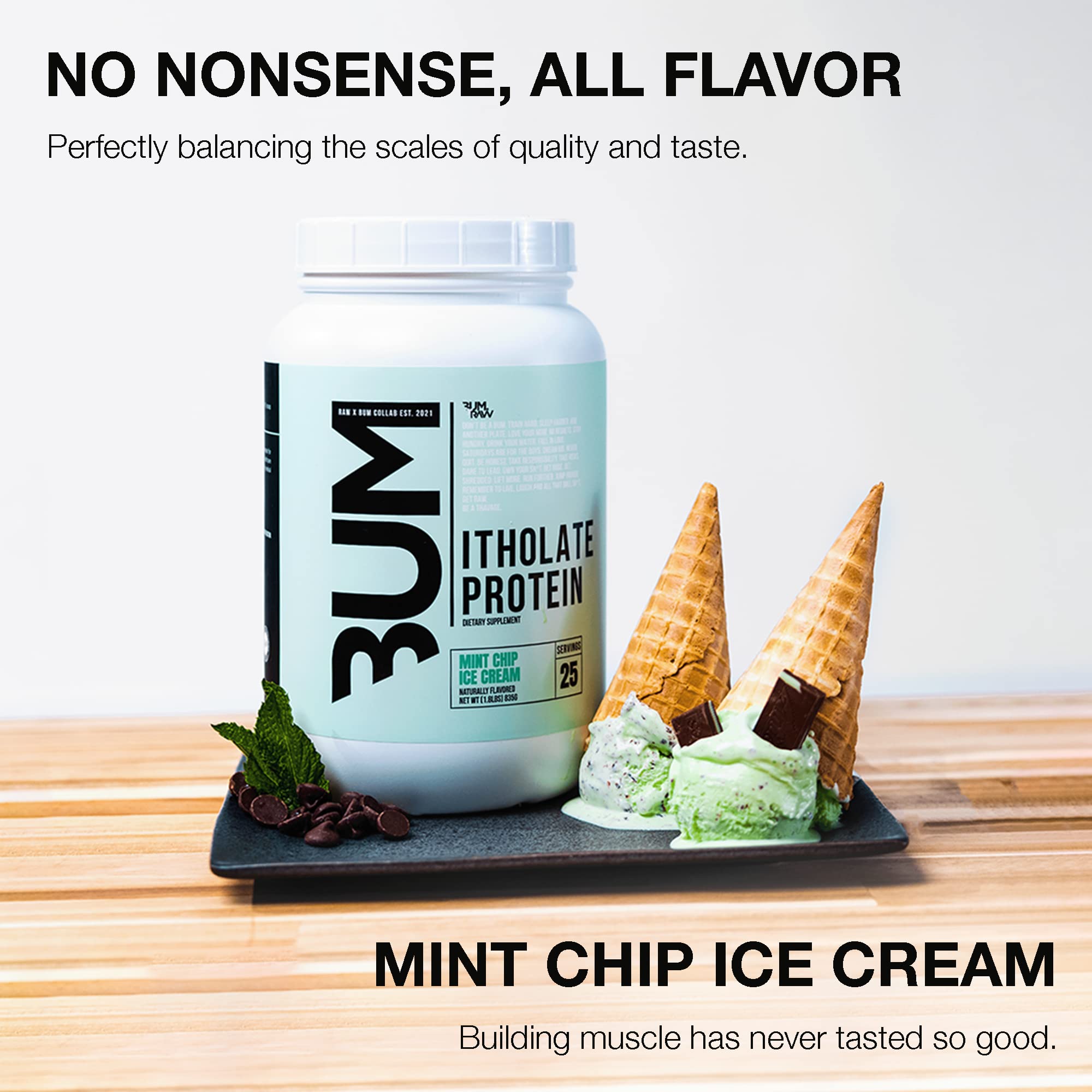 RAW Whey Isolate Mint Chip Ice Cream label emphasizes low fat, low carb nutrition.