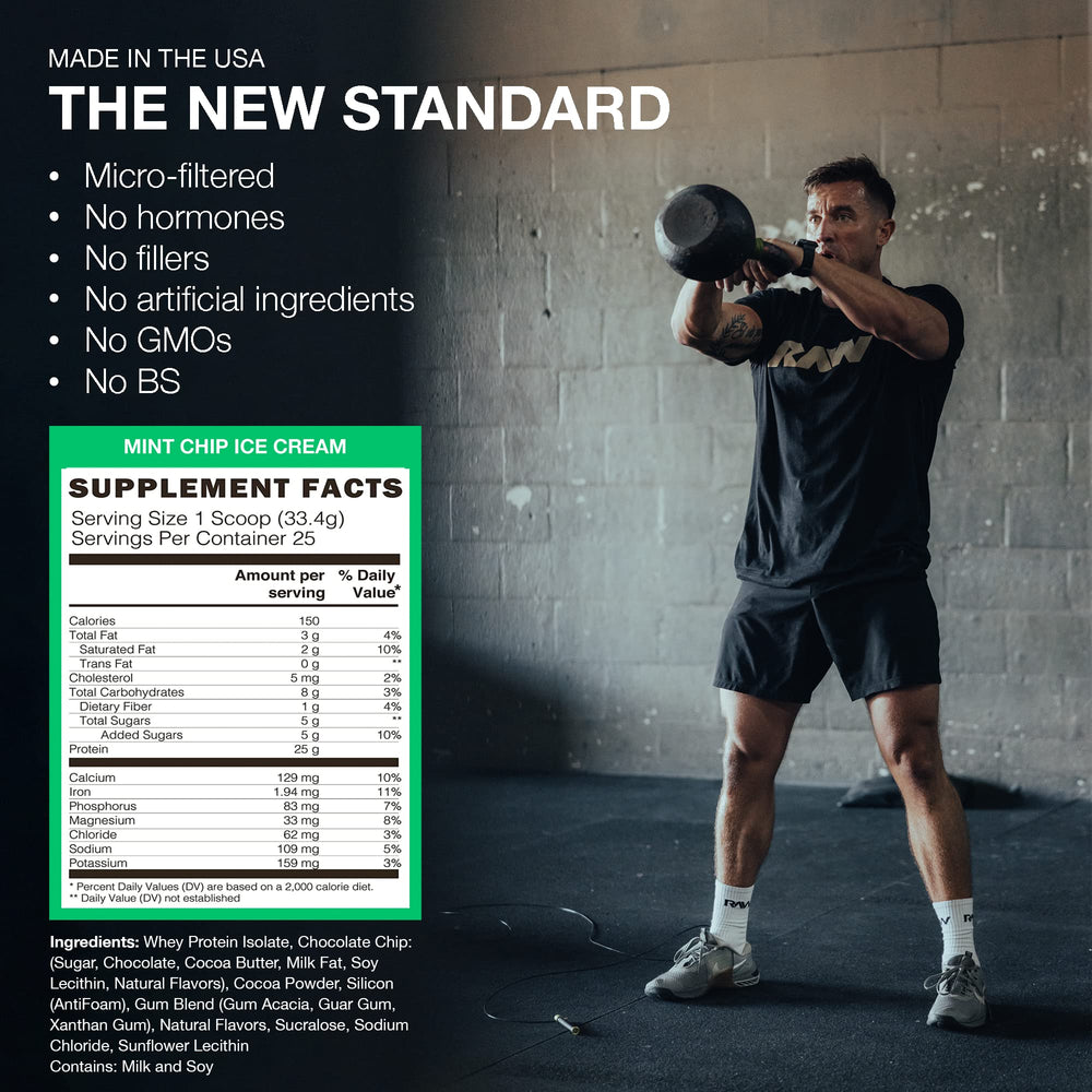 RAW Itholate Mint Chip Nutrition Facts show 25 servings in the 1.8 lb tub.