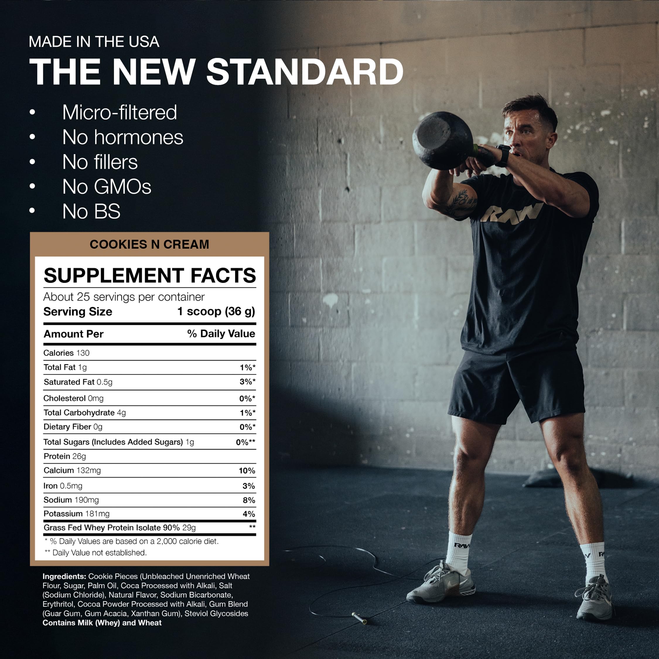 RAW Whey Isolate packaging shows USA-made quality and clean ingredients.