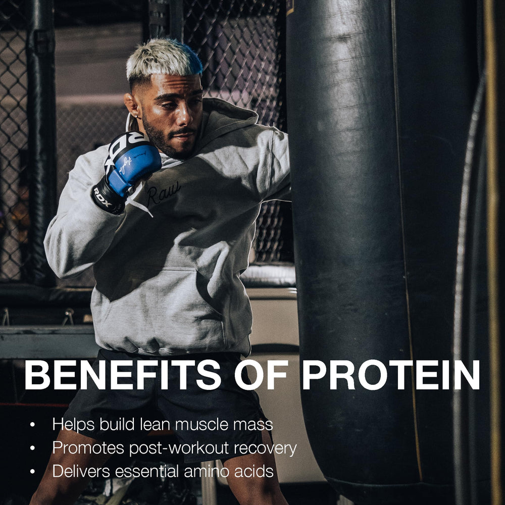 RAW Whey Isolate Peanut Butter bottle shows hormone-free, grass-fed protein