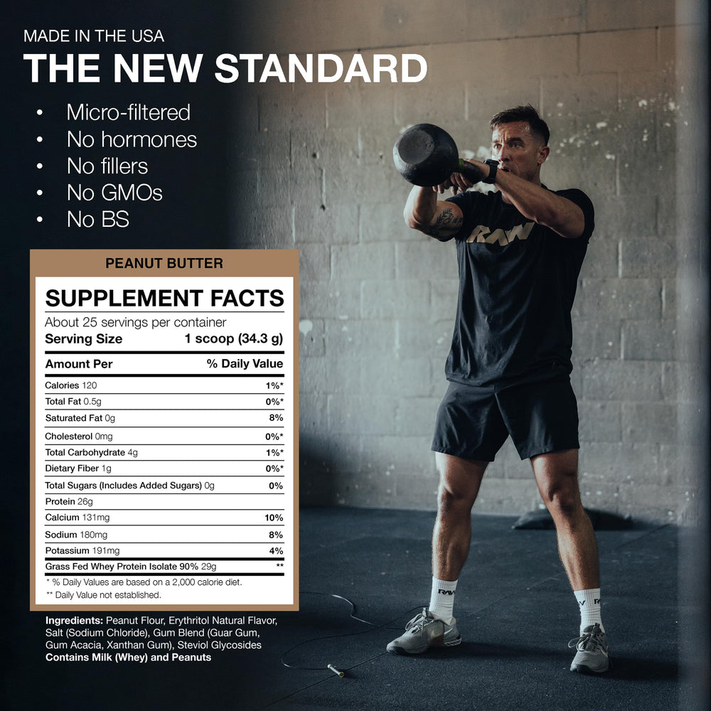 RAW Whey Isolate Peanut Butter label emphasizes micro-filtered whey and clean ingredients