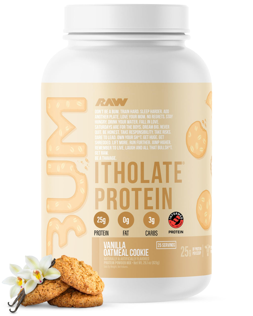 RAW Whey Isolate Vanilla Oatmeal Cookie label on container for post-workout nutrition.