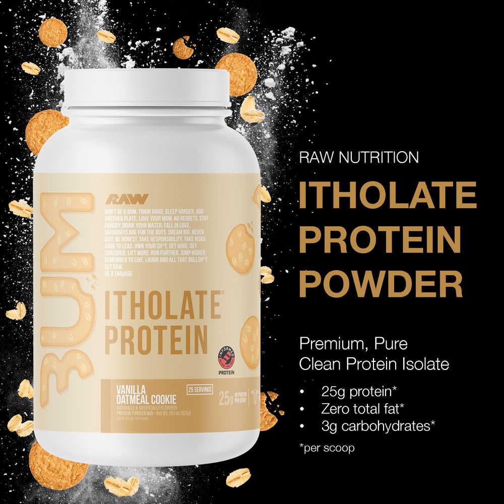 Scoop of RAW Itholate powder beside a shaker showing 25g protein per serving.