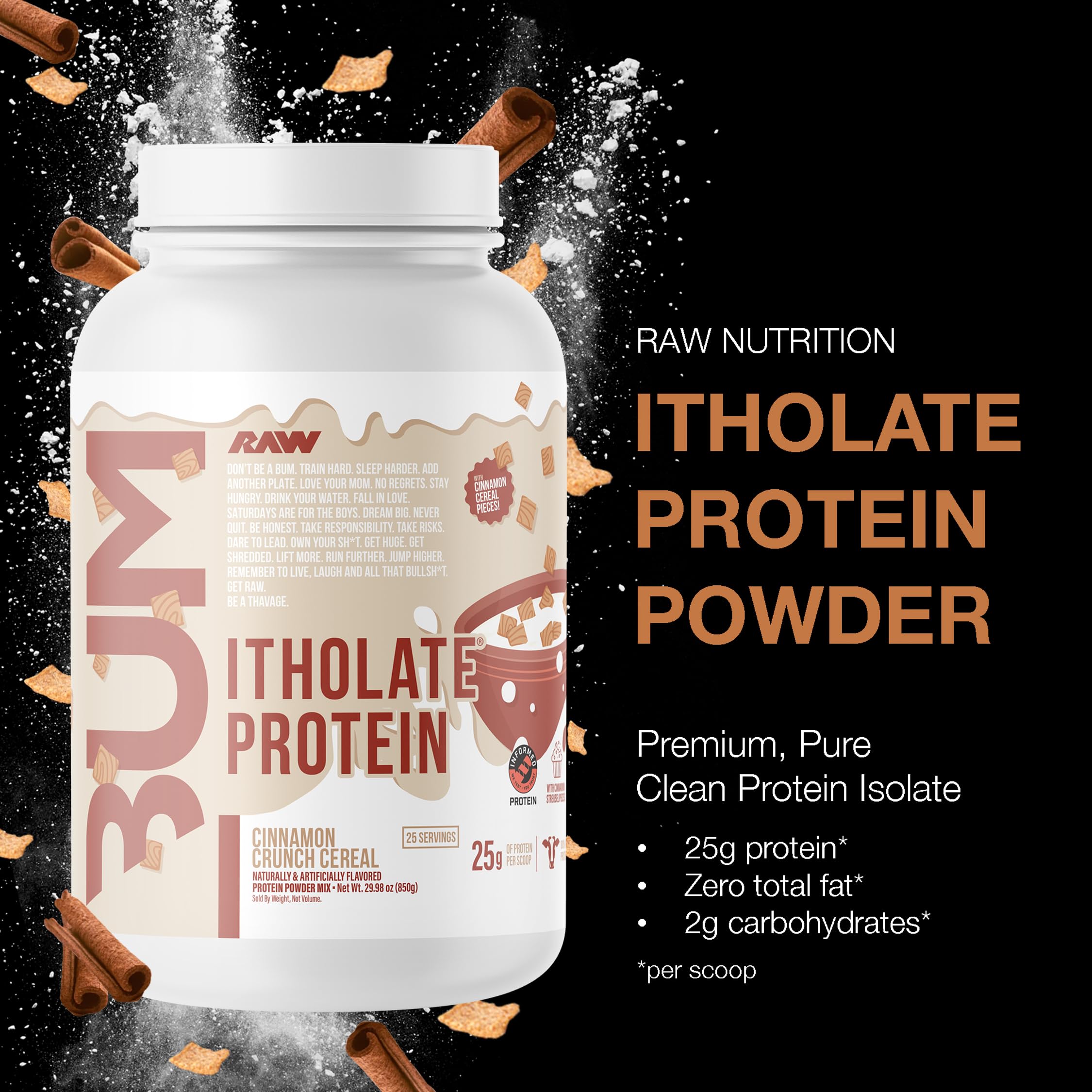 RAW Itholate Cinnamon Crunch bottle opened for a post-workout shake