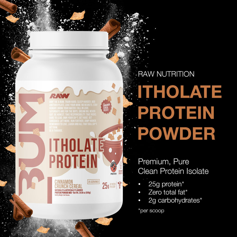 RAW Itholate Cinnamon Crunch bottle opened for a post-workout shake