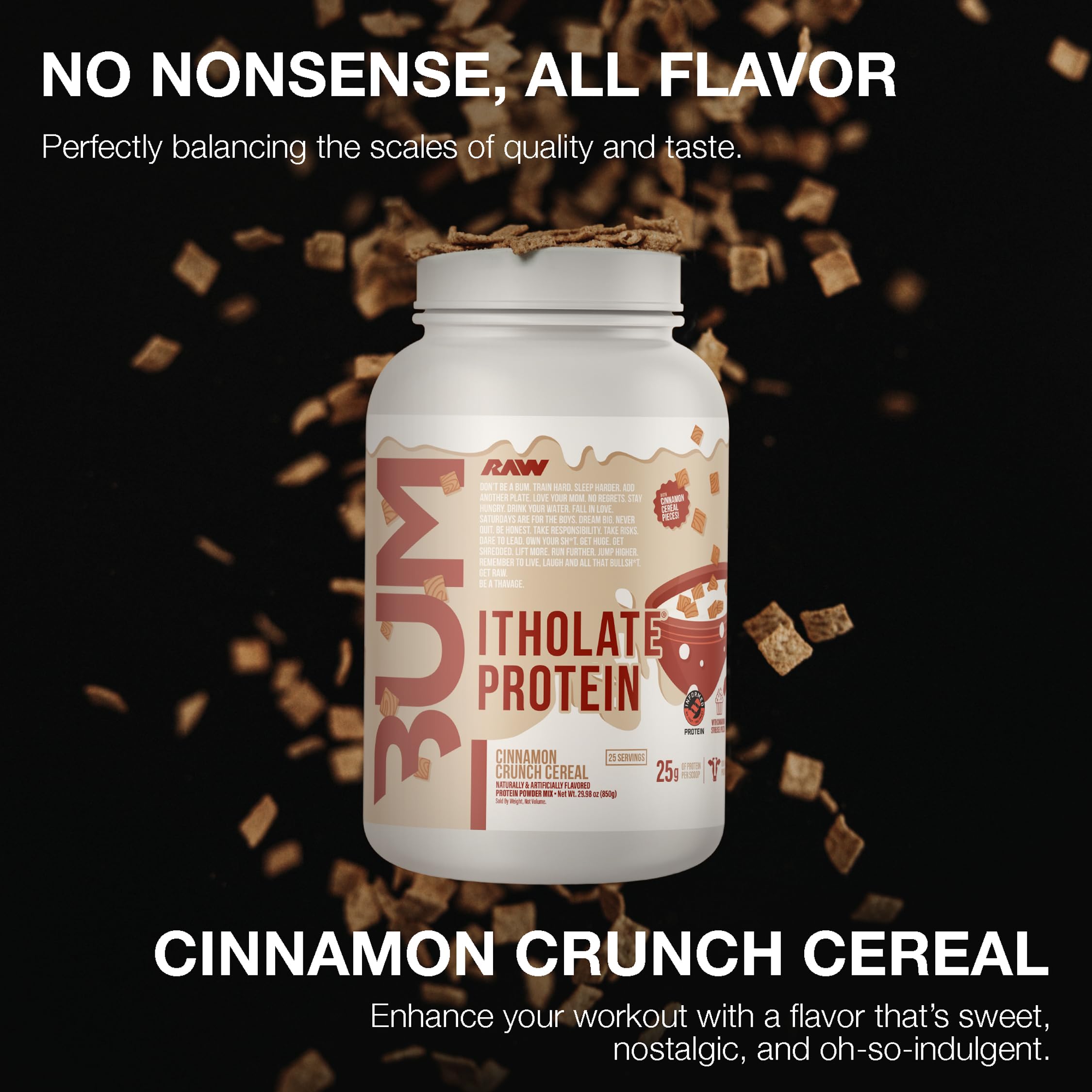 RAW Itholate Cinnamon Crunch powder poured into shaker for quick nutrition