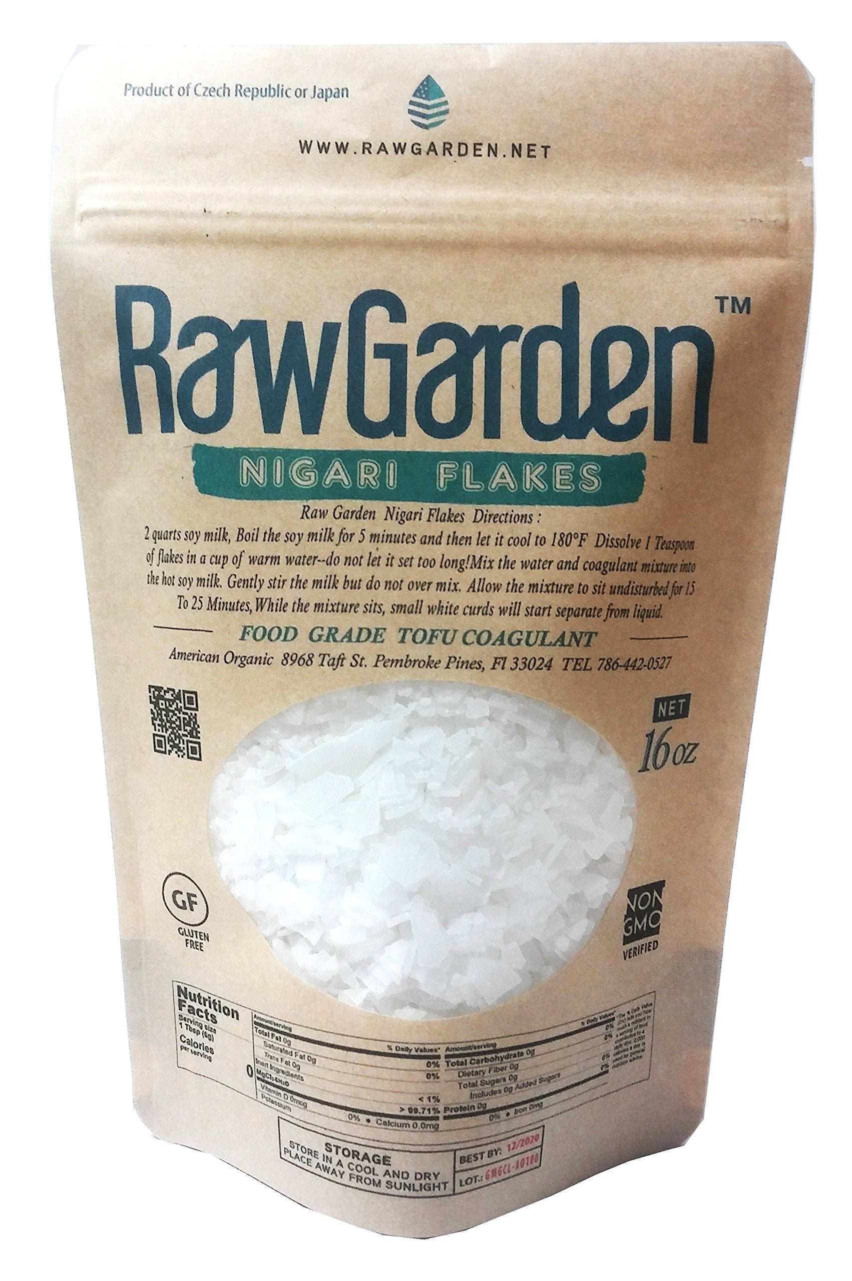 RawHarvest Nigari flakes package for homemade, food-grade tofu.