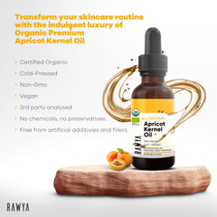 RAWYA Apricot Seed Oil being poured to show purity and organic formula for gentle skincare