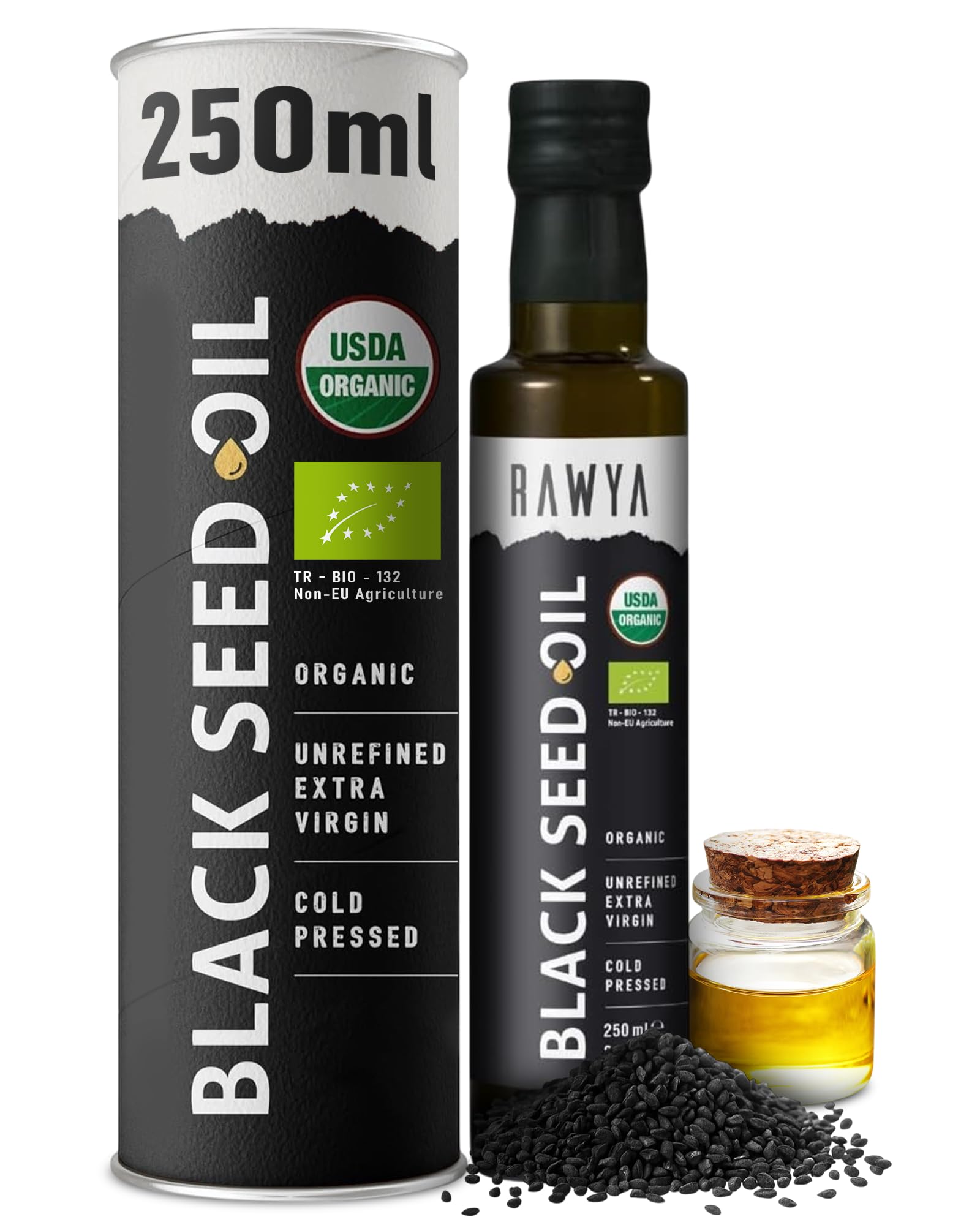 RAWYA Black Seed Oil bottle emphasizes premium quality for everyday cooking