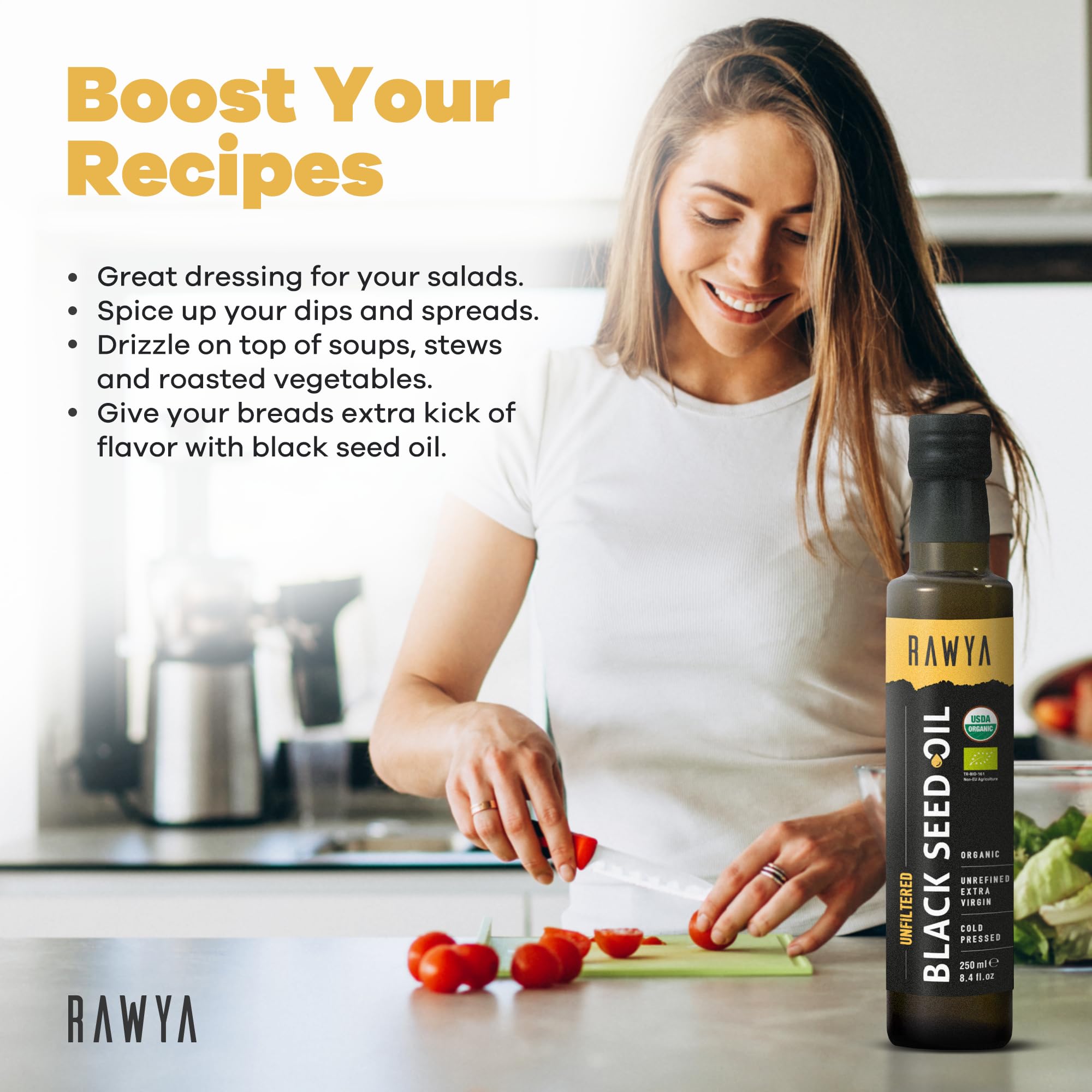 RAWYA Black Seed Oil used as salad dressing drizzle for rich flavor.