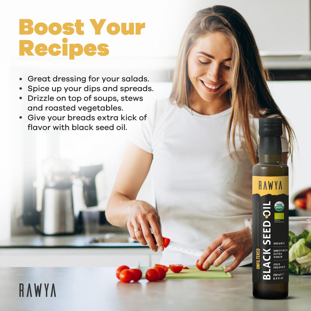 RAWYA Black Seed Oil used as salad dressing drizzle for rich flavor.