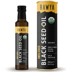 RAWYA Black Seed Oil bottle front view for daily wellness with rich flavor and aroma.
