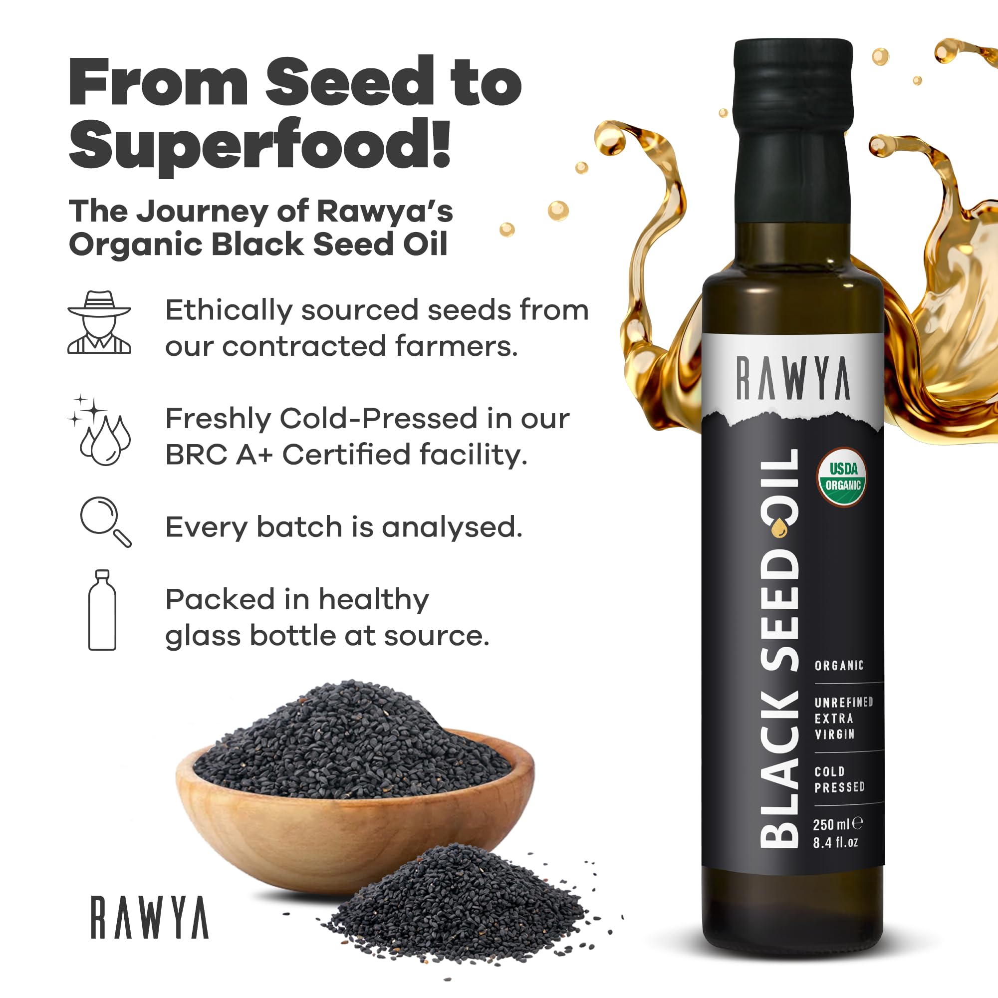 RAWYA Black Seed Oil glass bottle preserves freshness with eco friendly packaging