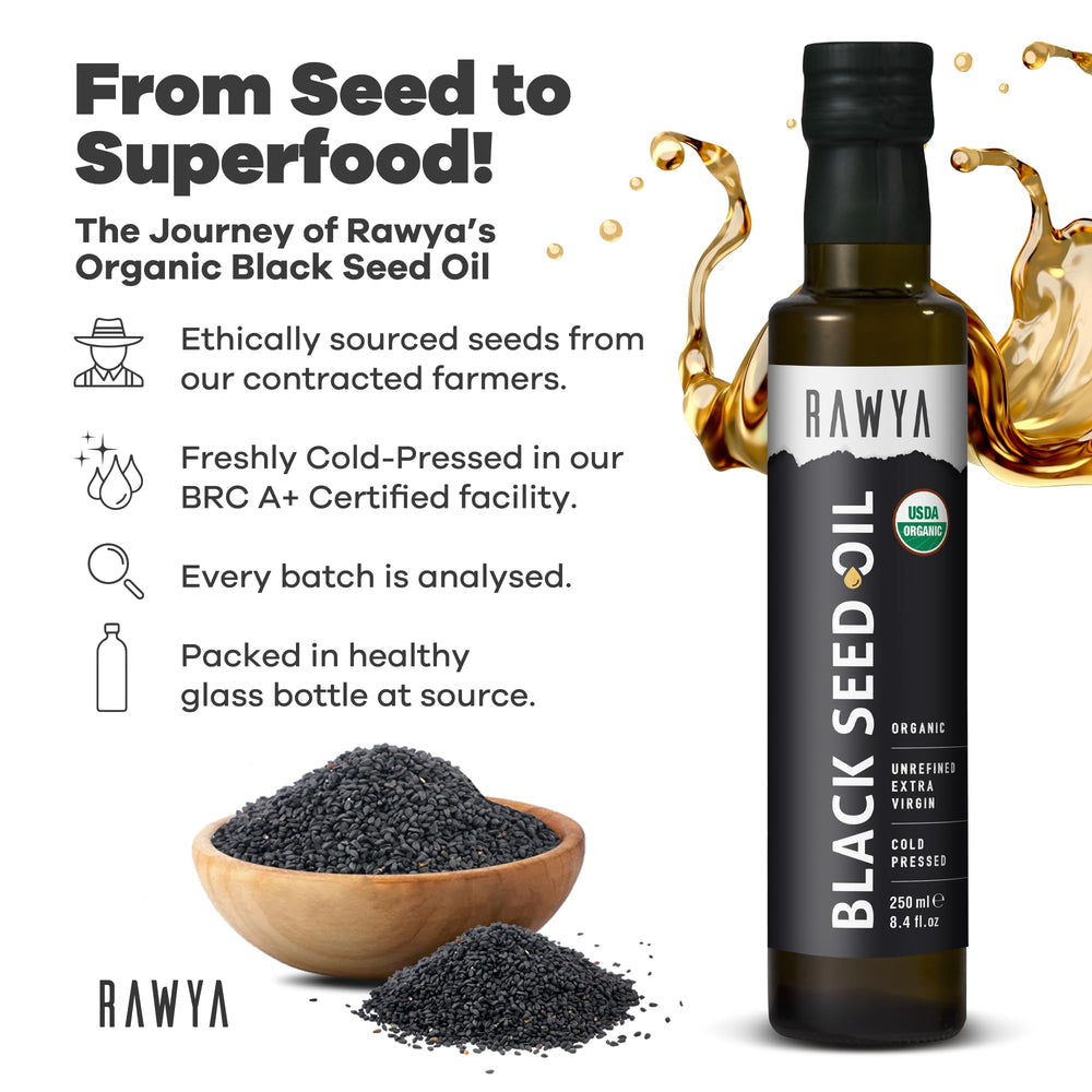 RAWYA label closeup highlights USDA Organic status and cold-pressed origin
