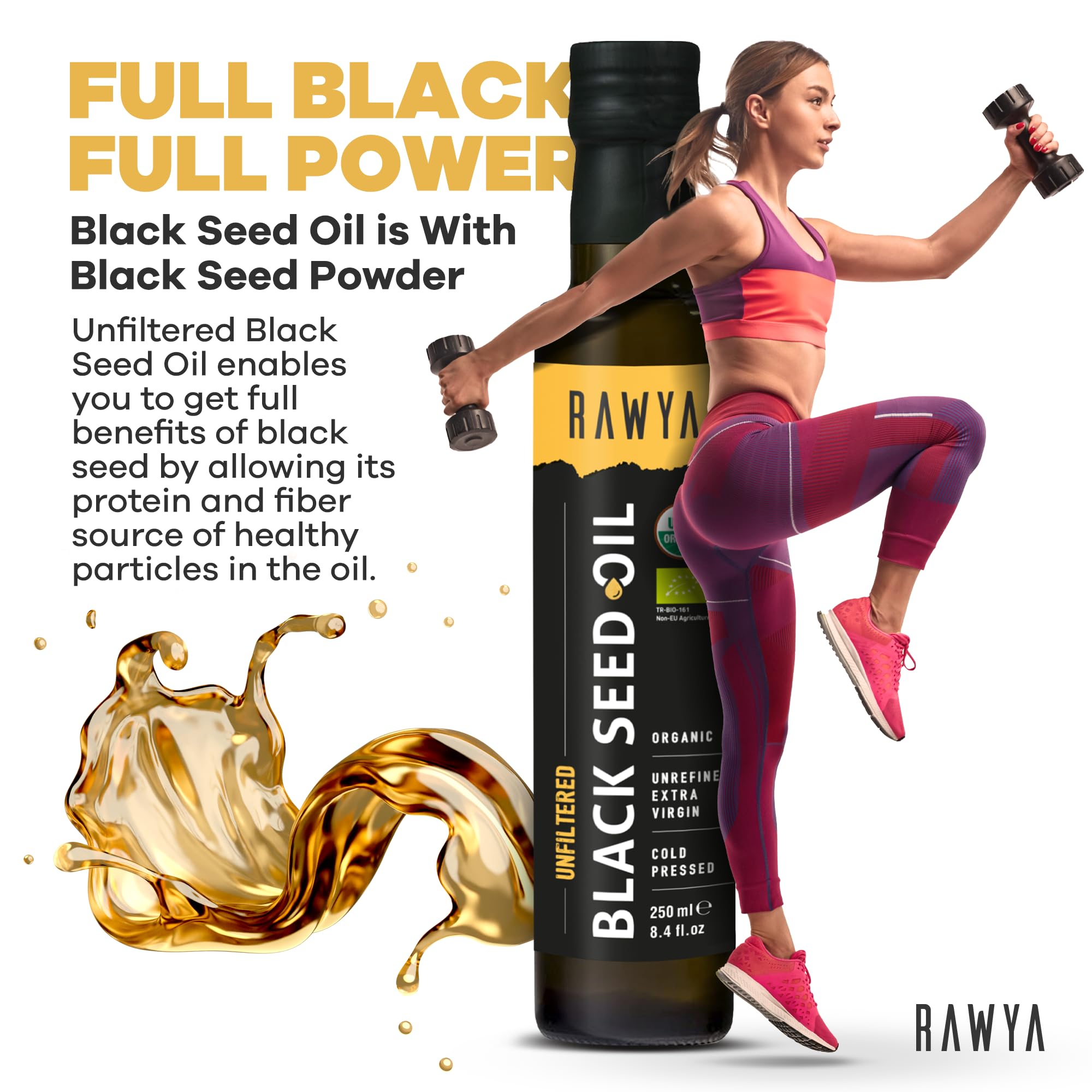 RAWYA Black Seed Oil label close-up highlights USDA Organic unfiltered formula.