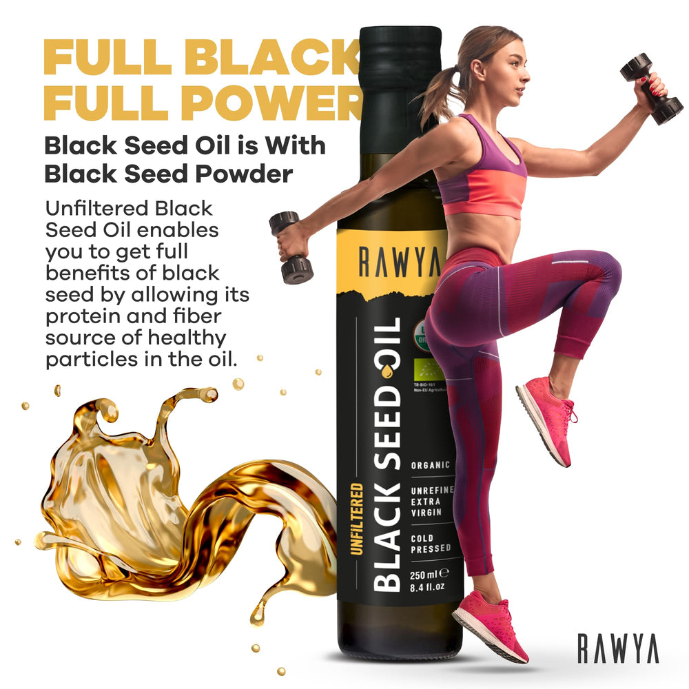 RAWYA Black Seed Oil label close-up highlights USDA Organic unfiltered formula.
