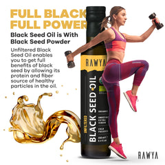 RAWYA Black Seed Oil label close-up highlights USDA Organic unfiltered formula.