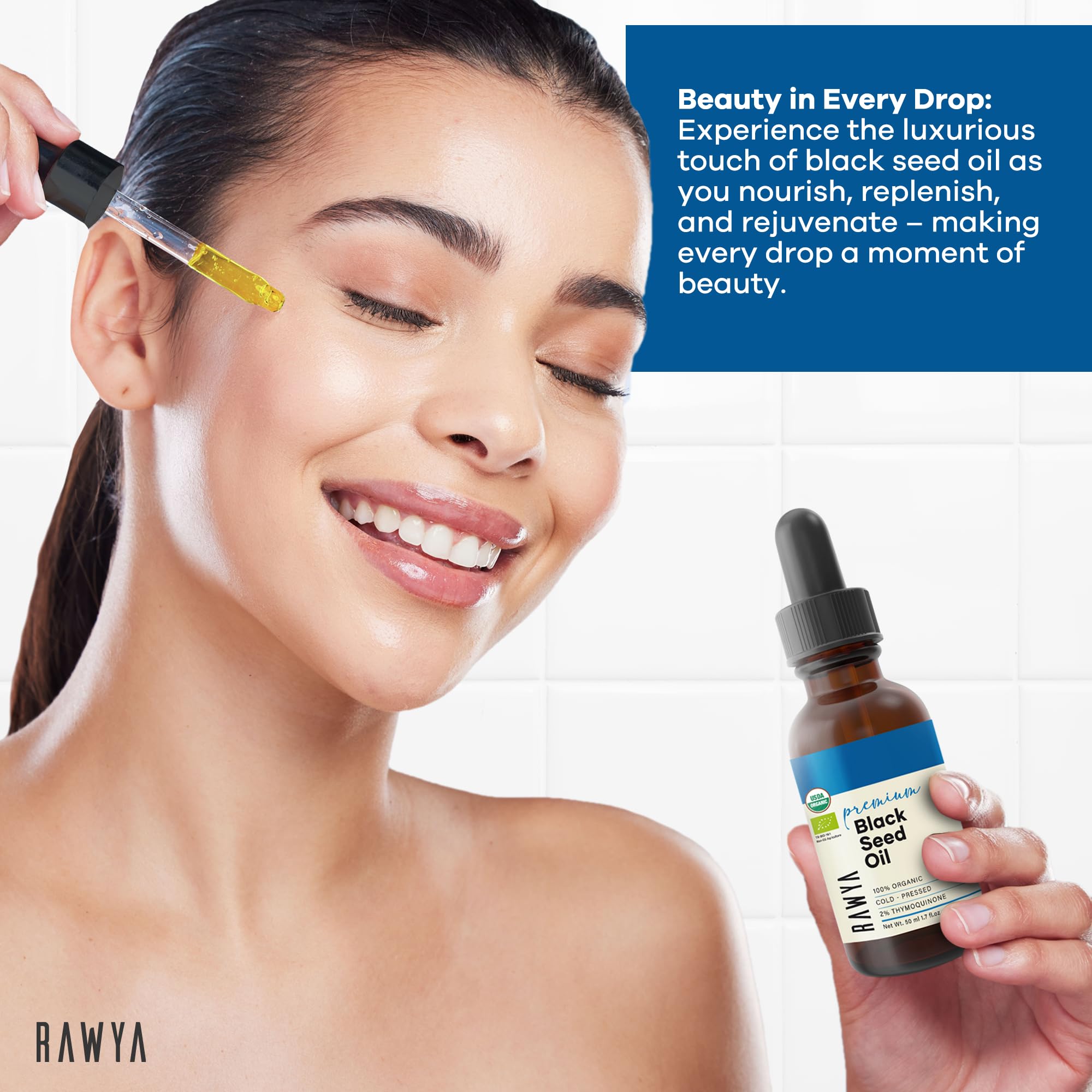 RAWYA Black Seed Oil label detail highlights organic, certified quality.