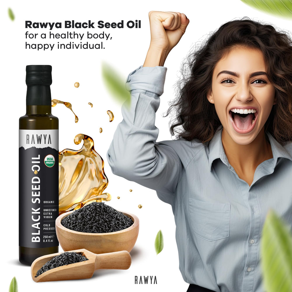 RAWYA Black Seed Oil label notes extra virgin cold pressed quality