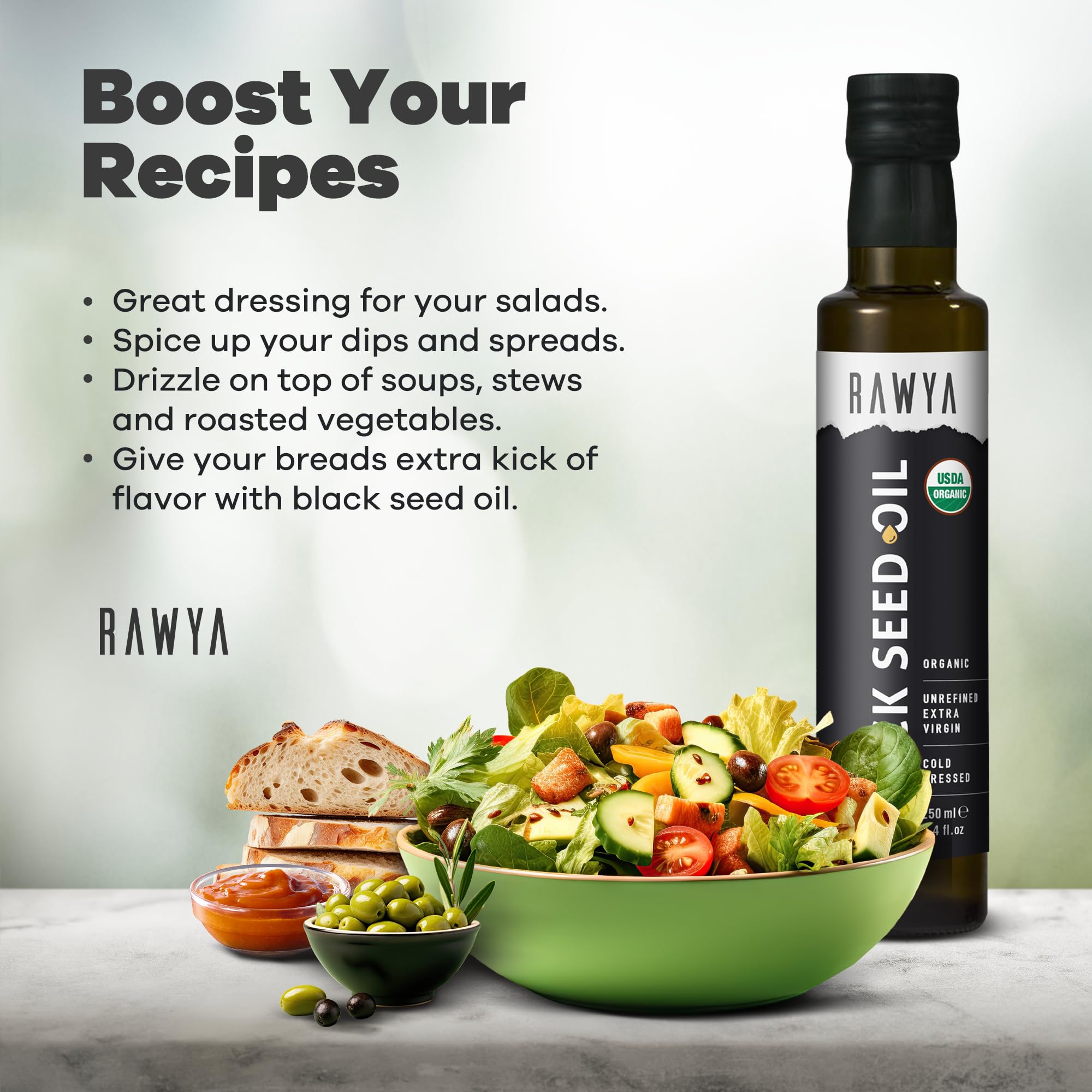 RAWYA Black Seed Oil label highlights USDA Organic Non GMO Gluten Free