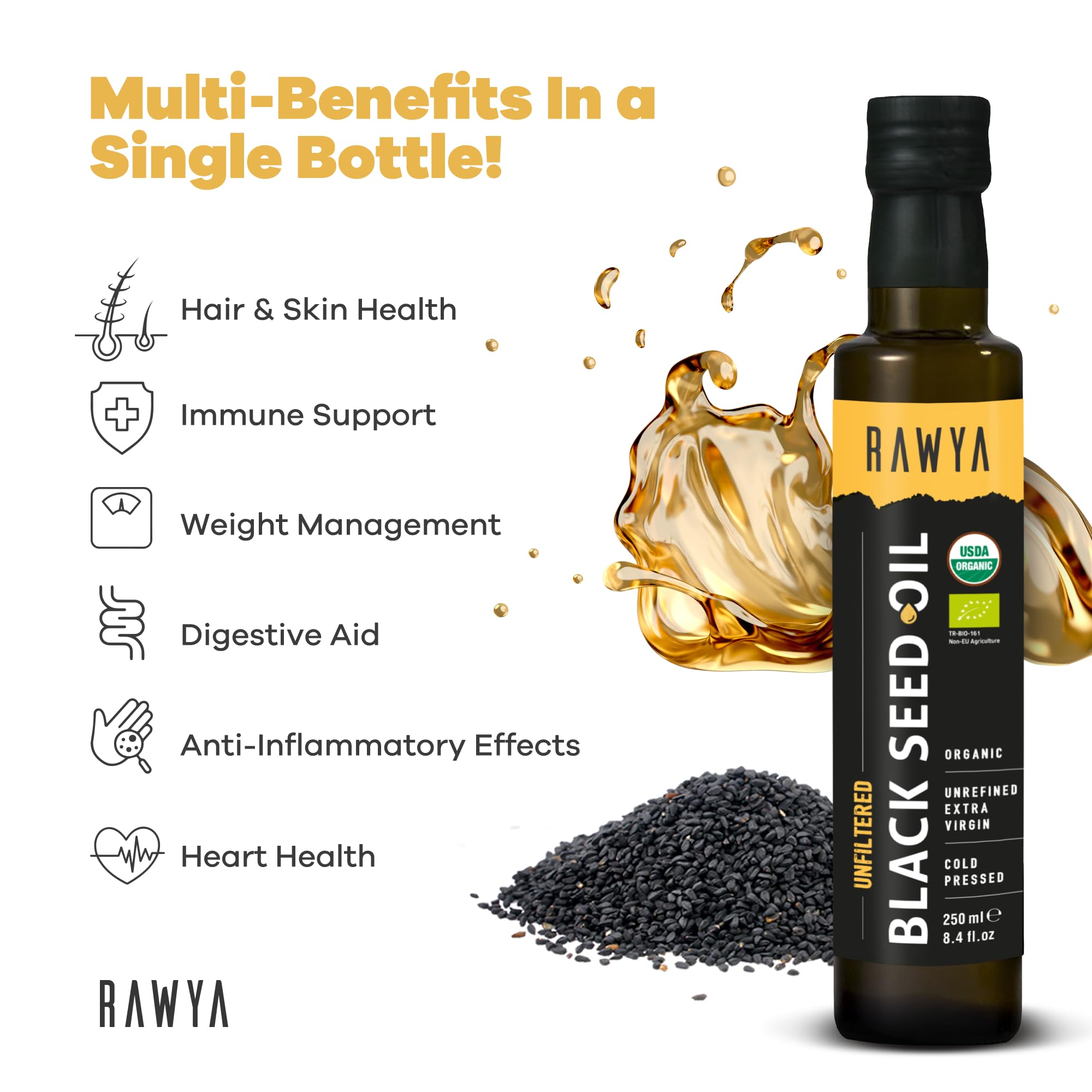 RAWYA Black Seed Oil pour close-up demonstrates smooth flow for easy dosing.