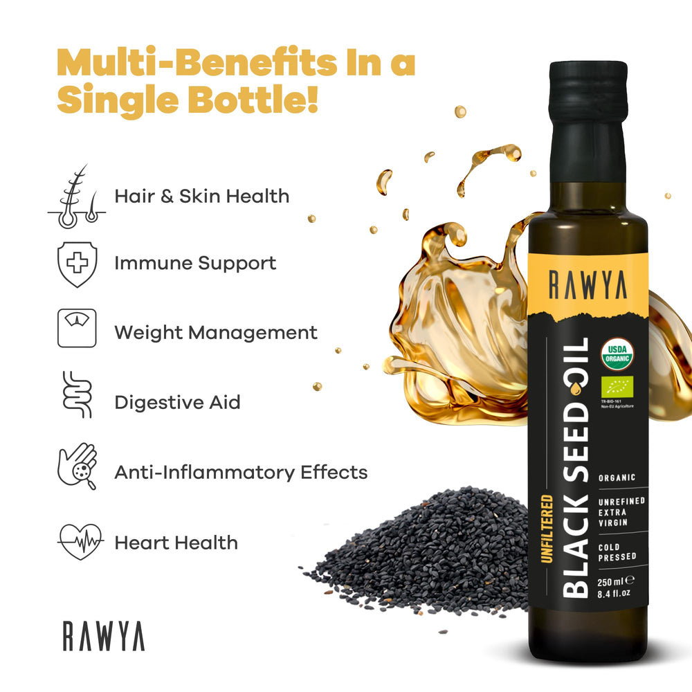 RAWYA Black Seed Oil pour close-up demonstrates smooth flow for easy dosing.