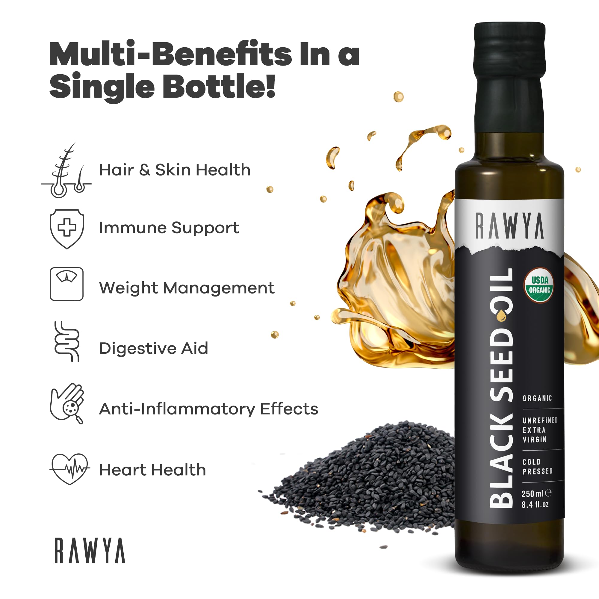 RAWYA Black Seed Oil pour image shows smooth flow for dressings and smoothies