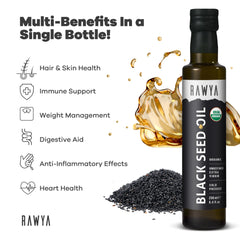RAWYA Black Seed Oil pour image shows smooth flow for dressings and smoothies