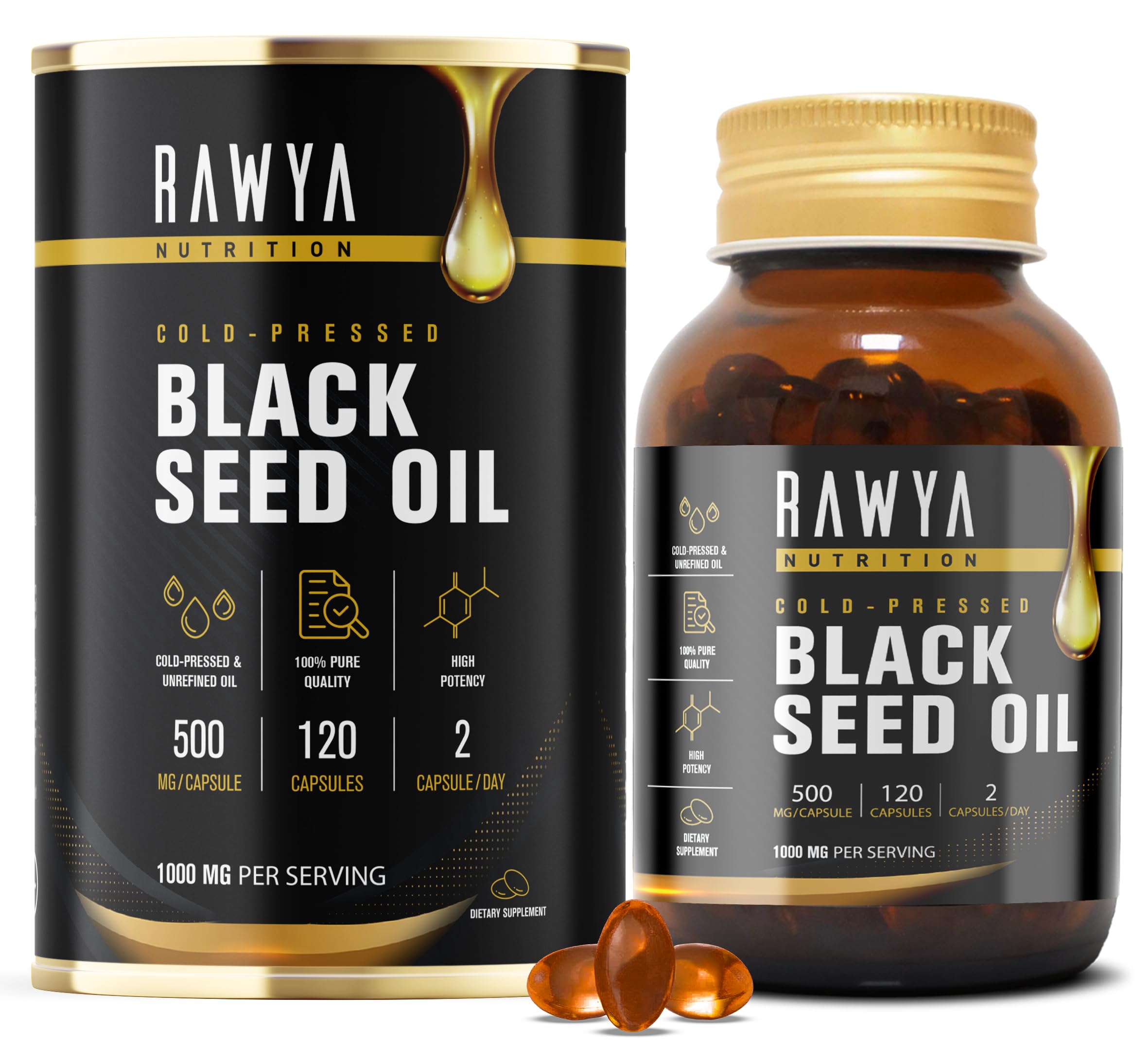 RAWYA black seed oil softgel bottle for easy daily supplementation.