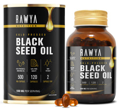 RAWYA black seed oil softgel bottle for easy daily supplementation.