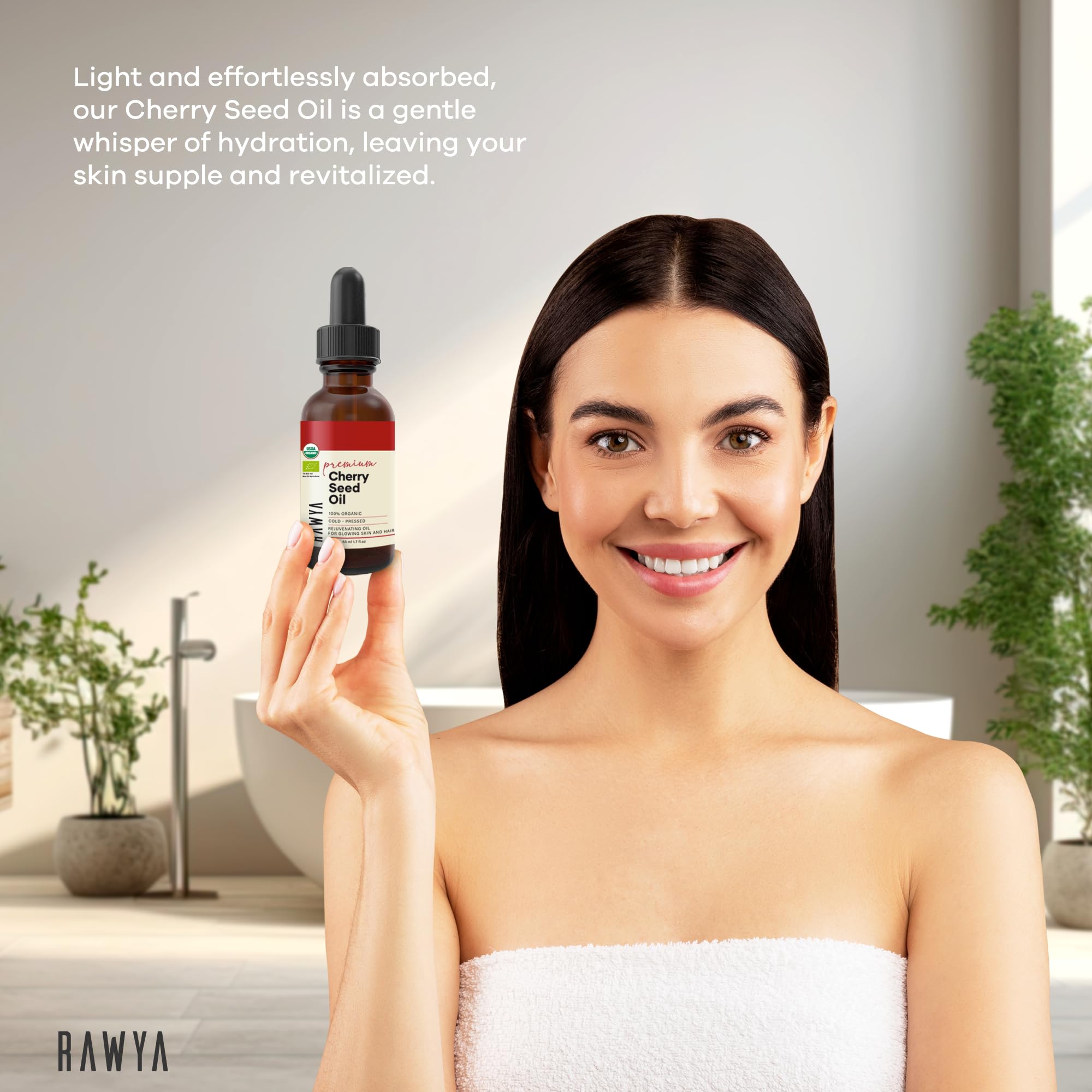 RAWYA Cherry Oil applied to the face for a soft, dewy look and lasting moisture.