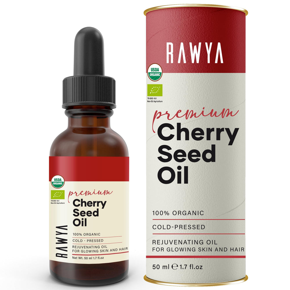 RAWYA Cherry Oil bottle showcases premium glass packaging and pure, nutrient-rich formula for daily hydration.