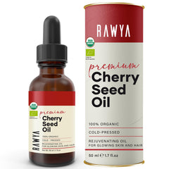 RAWYA Cherry Oil bottle showcases premium glass packaging and pure, nutrient-rich formula for daily hydration.